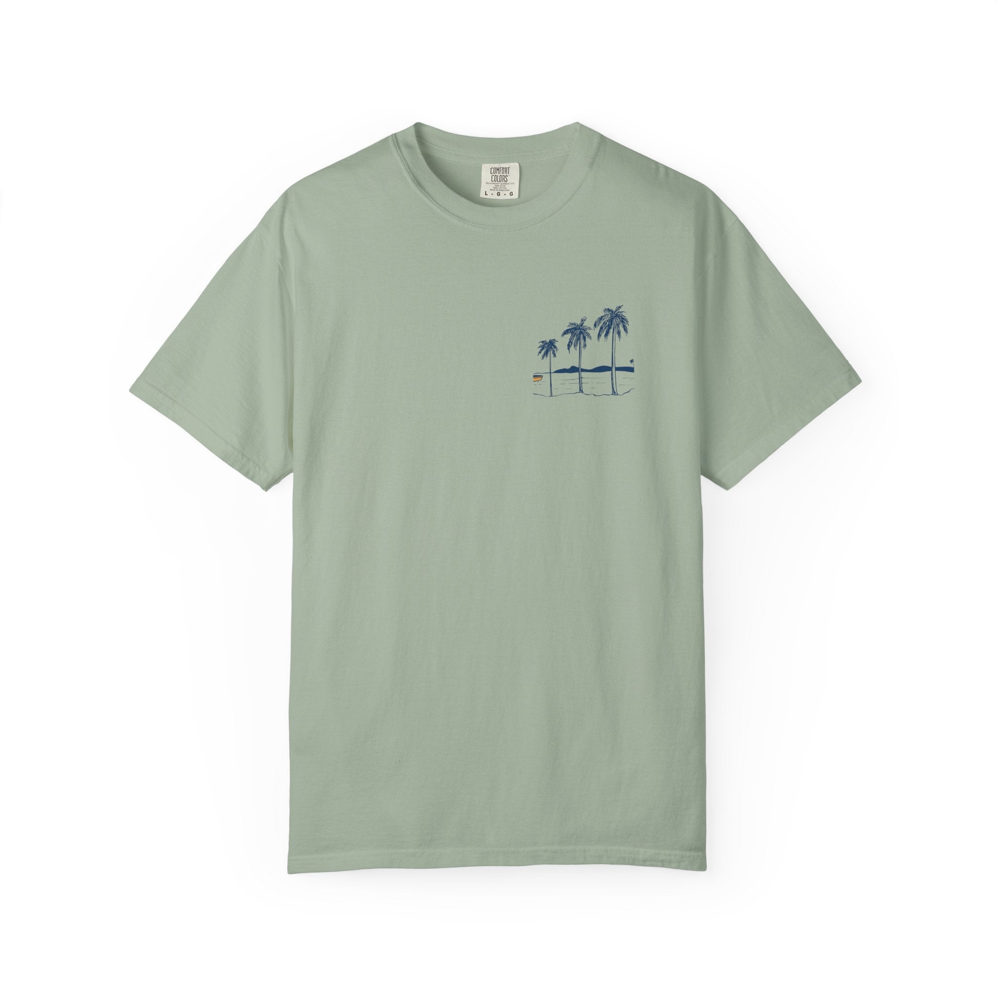 Light green t-shirt with a palm tree design on a white background
