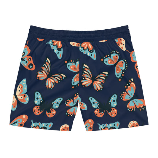 Men's Swim Shorts Blue with Butterfly Print Mid-Length Shorts for Dad