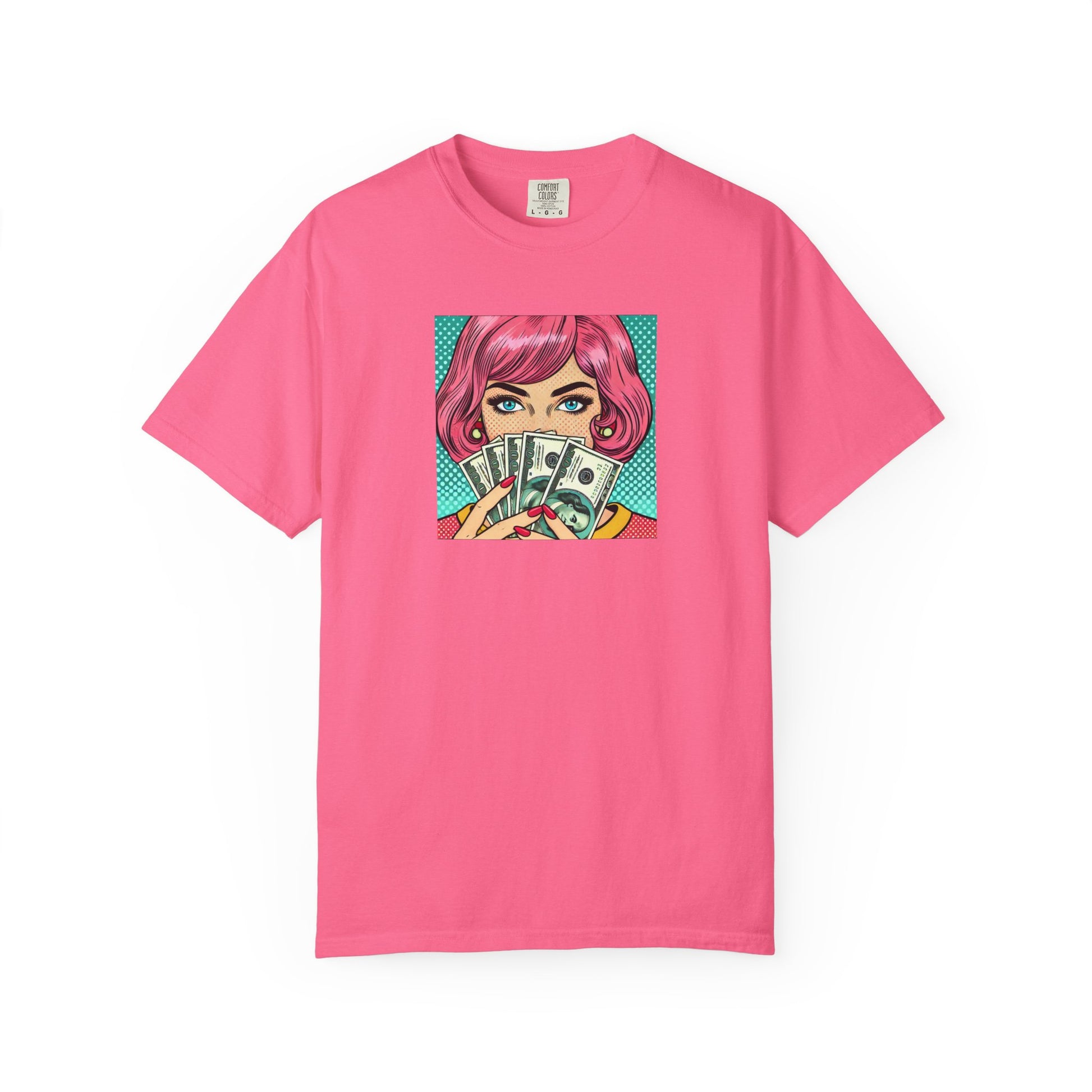Pink t-shirt with a graphic of a person with pink hair holding money on a white background