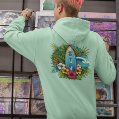 Surfboard Design Hoodie – Unisex Tropical Flower Cotton-Blend Sweatshirt