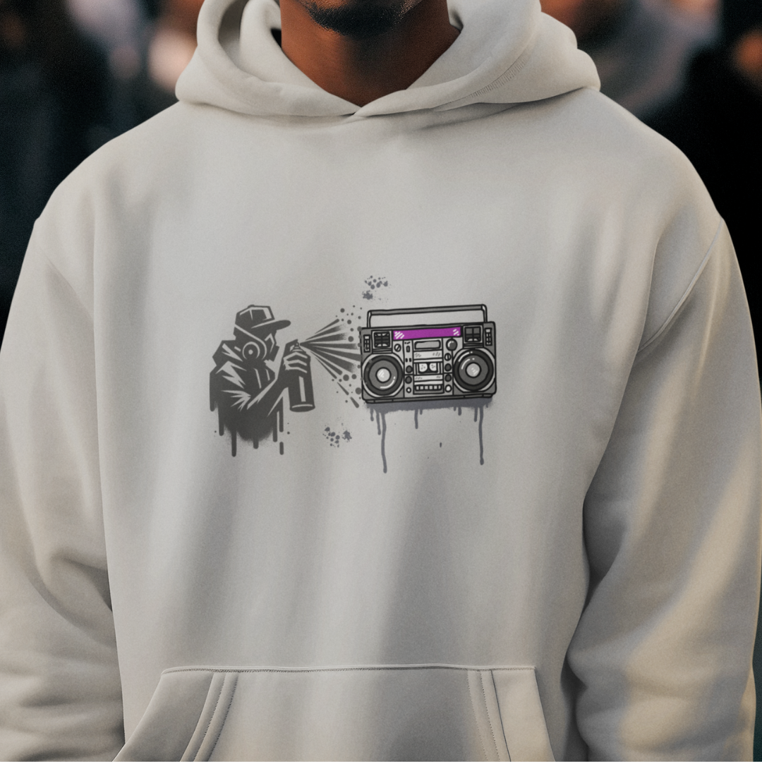 Sport Gray Graffiti Hoodie with Boom Box, Urban Streetwear, Unisex Art Hoodie
