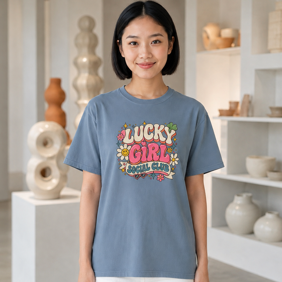 A woman stands in a bright, modern art gallery wearing a slate blue graphic t-shirt that reads 'LUCKY GIRL SOCIAL CLUB' in colorful retro lettering, paired with white pants.