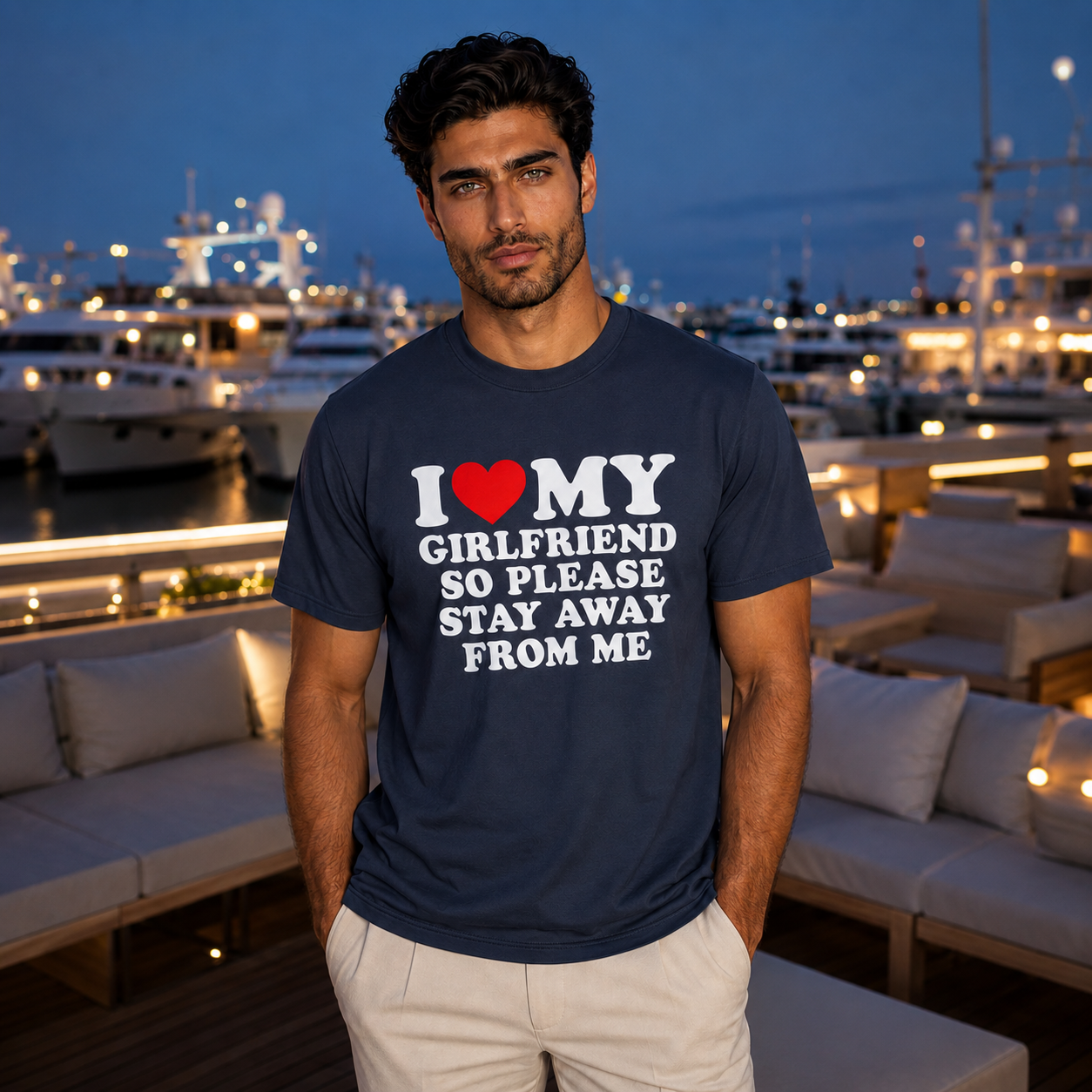 A man wearing a navy blue graphic t-shirt with the text 'I [red heart] MY GIRLFRIEND SO PLEASE STAY AWAY FROM ME' in white and red, standing on a yacht deck at dusk with boats and yachts in the background.
