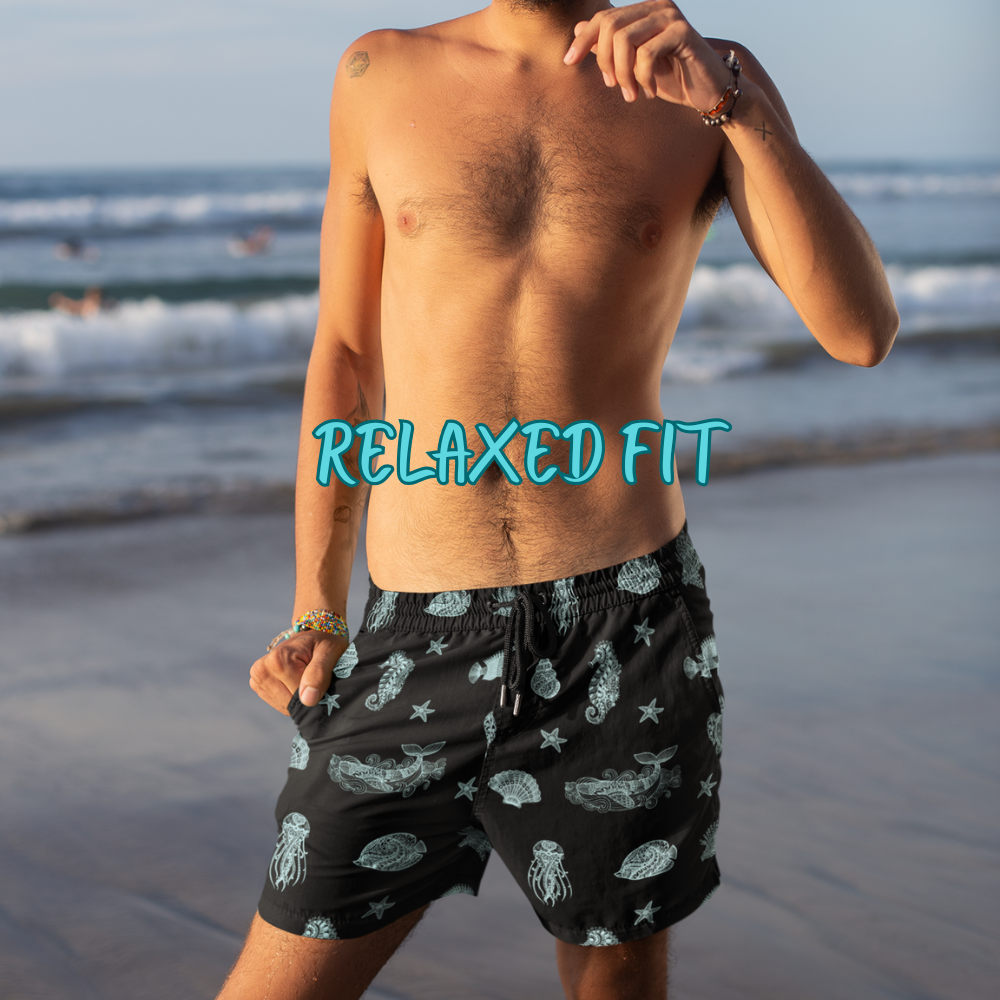 Mens Swim Shorts Mandala Sea Animal Beach Shorts for Him Coastal Gift for Men Summer Swim Trunks Black Ocean Shorts Vacation Ready