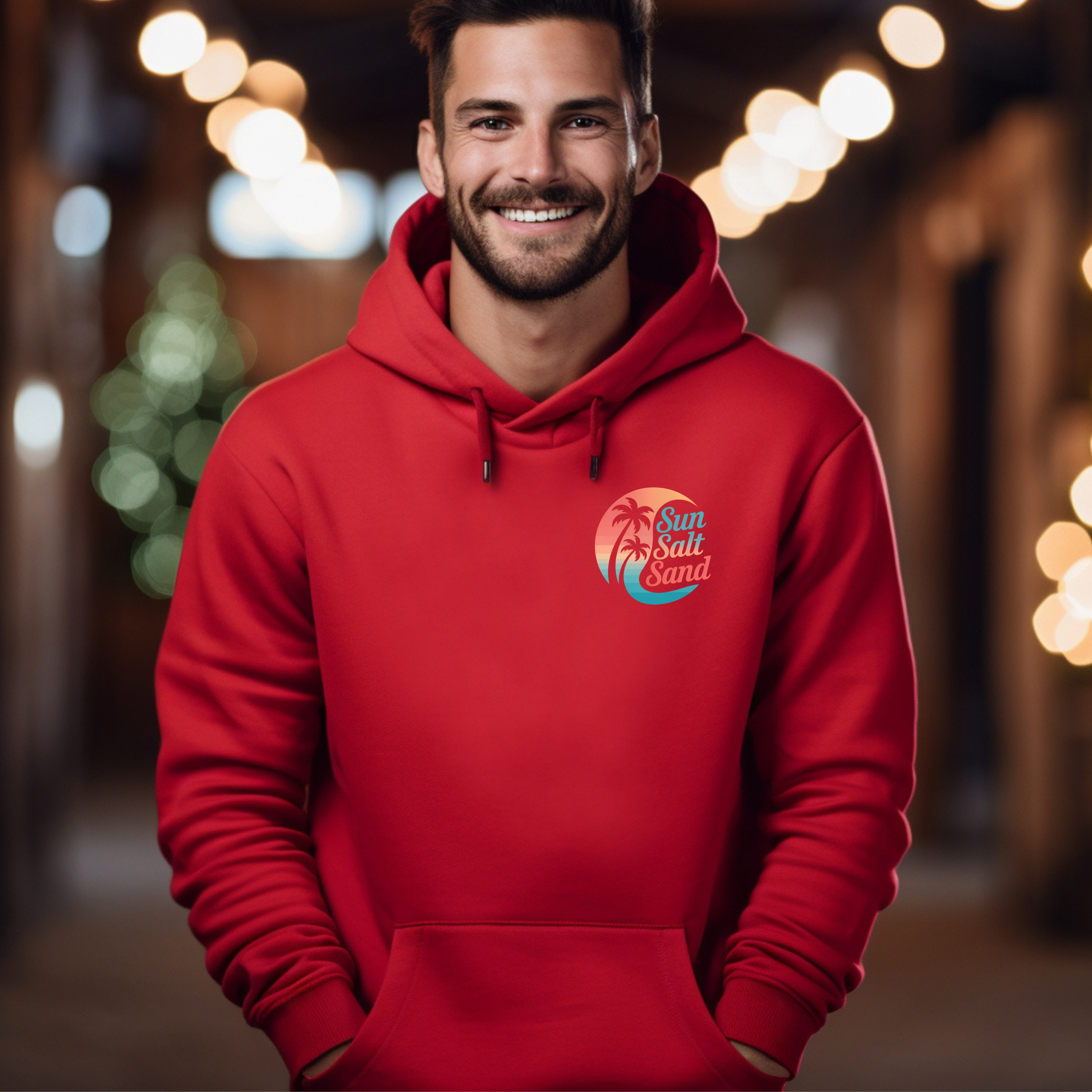 Man wearing a red hoodie with a logo, standing in a festive setting with blurred lights and decorations.