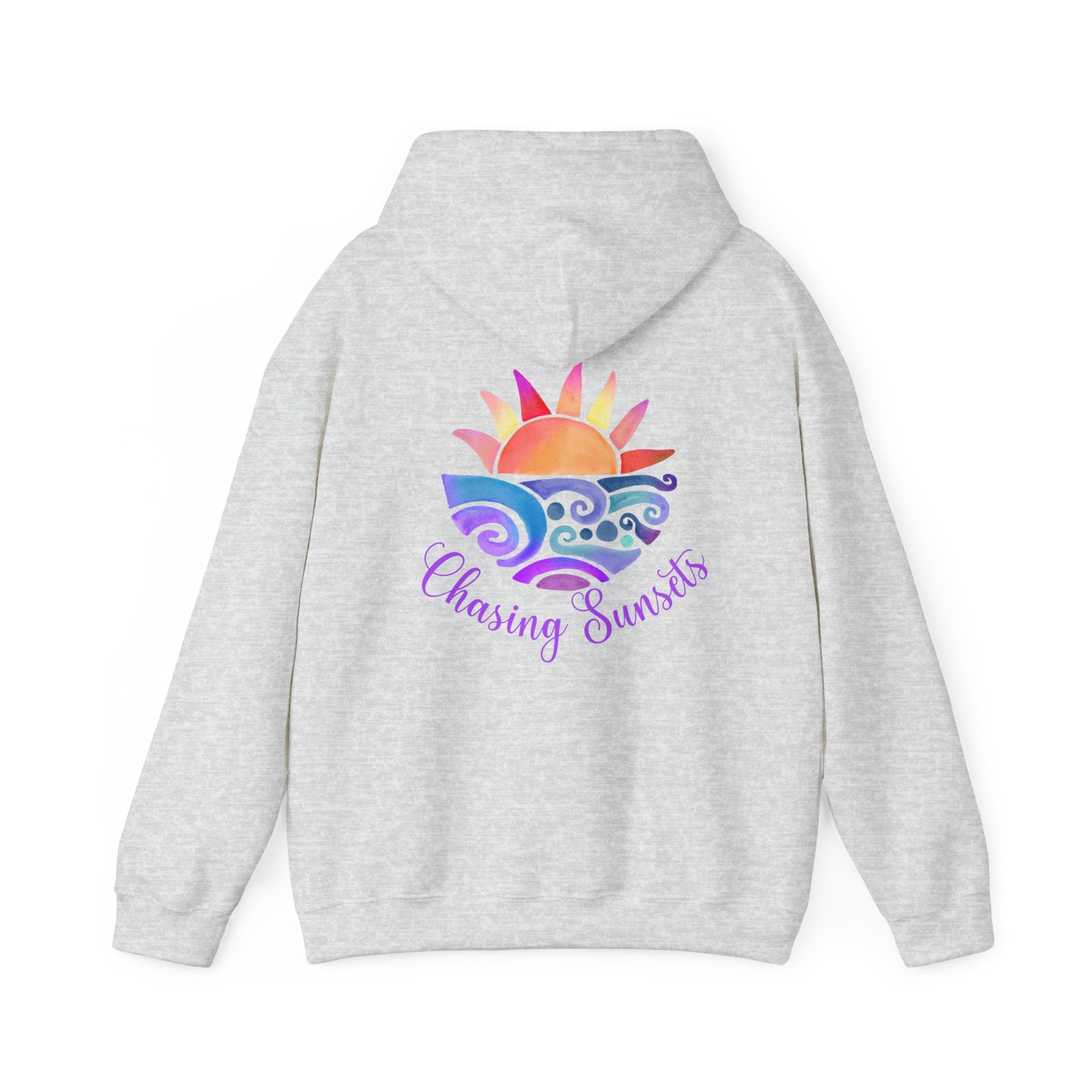 Sunset Chase Hoodie - Ash Gray Hooded Sweatshirt with Watercolor Sunset Graphic, Unisex Pullover, Chase Sunsets Sweatshirt Gift, Sunset