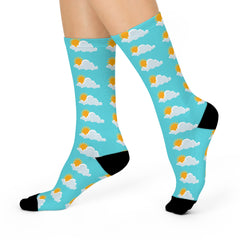 Sunny Sky Cushioned Crew Socks - Fun Cloud & Sun Pattern, Ultra-Comfortable Crew Socks