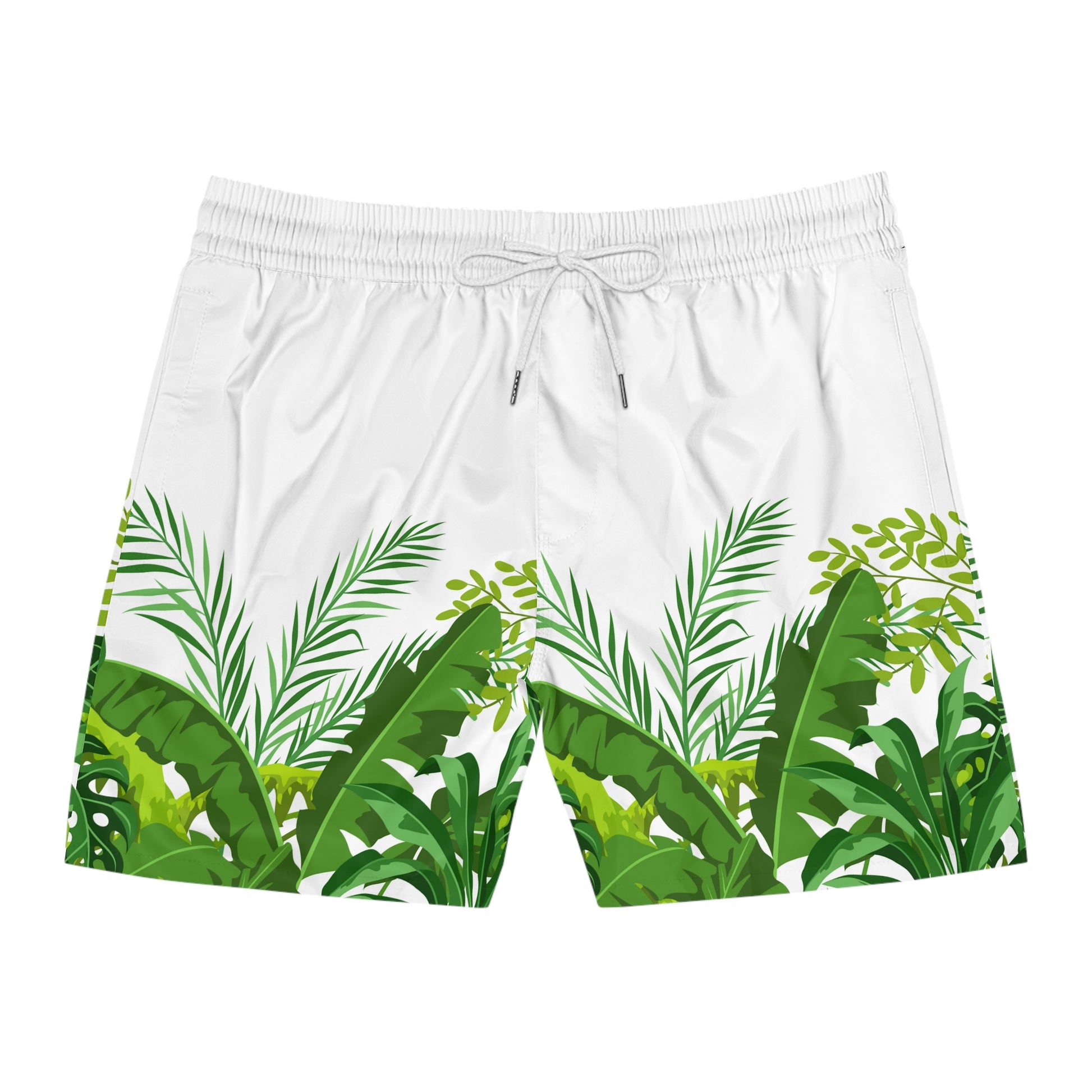 White shorts with green leaf pattern on a white background