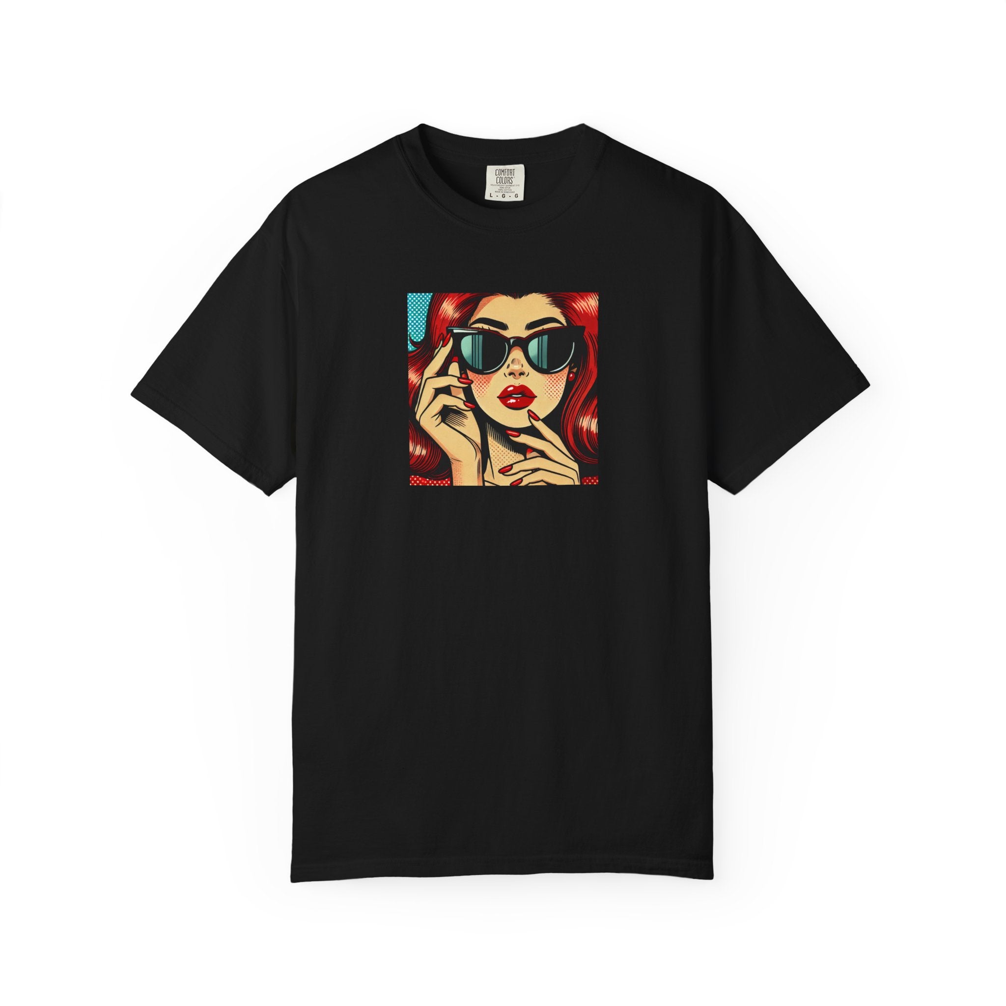 Black t-shirt with a graphic of a woman wearing sunglasses on a white background