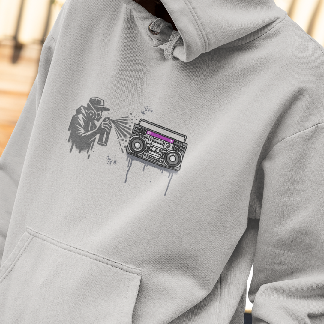 Sport Gray Graffiti Hoodie with Boom Box, Urban Streetwear, Unisex Art Hoodie