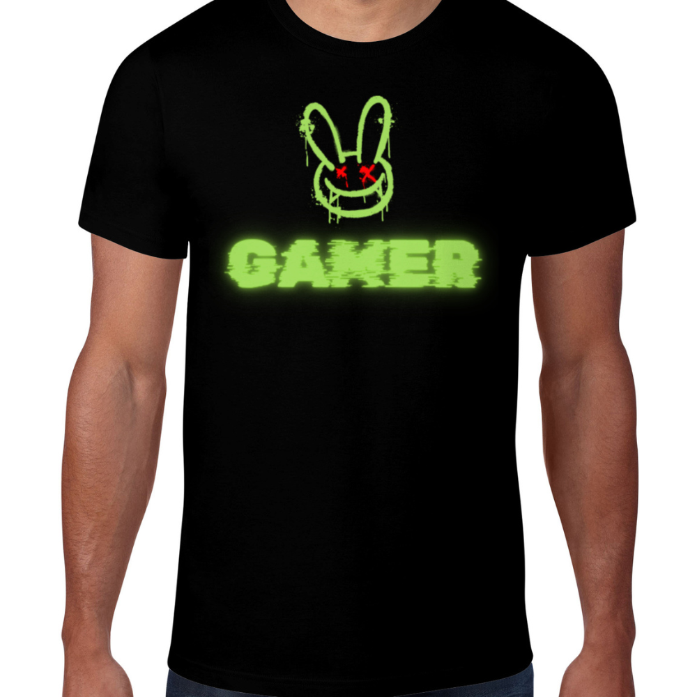 Black t-shirt with green 'Gamer' text and rabbit graphic on a white background