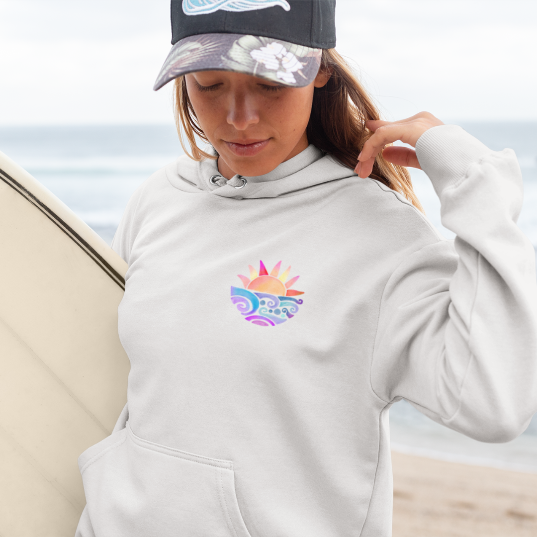 Sunset Chase Hoodie - Ash Gray Hooded Sweatshirt with Watercolor Sunset Graphic, Unisex Pullover, Chase Sunsets Sweatshirt Gift, Sunset
