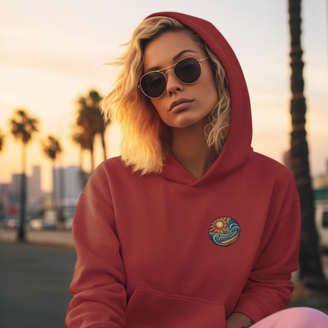 Beach-Inspired Unisex Heavy Blend Hoodie - Relaxed Fit, Cozy and Stylish Sweatshirt with Sun and Waves Design in Antique Cherry Red