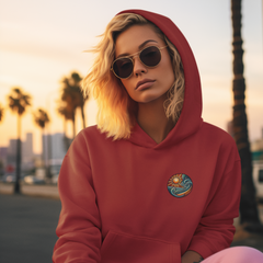 Sunset Wave Graphic Hoodie – Red Unisex Pullover, Beach & Surf Style