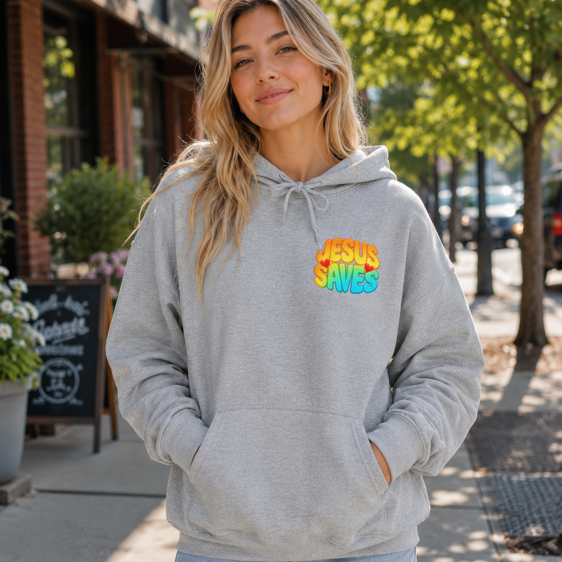 A woman wearing a light gray heather hoodie with a colorful 'JESUS SAVES' graphic on the left chest, standing on a sunny city sidewalk.