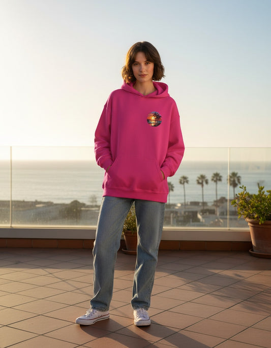 Sunset Circle Hoodie — Palm & Sunset Circular Back‑Print Unisex Sweatshirt