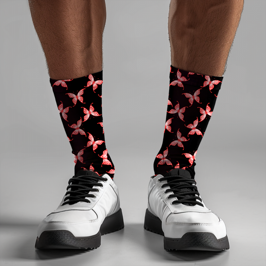 Red Butterfly Print Crew Socks: Gothic Cushioned Design