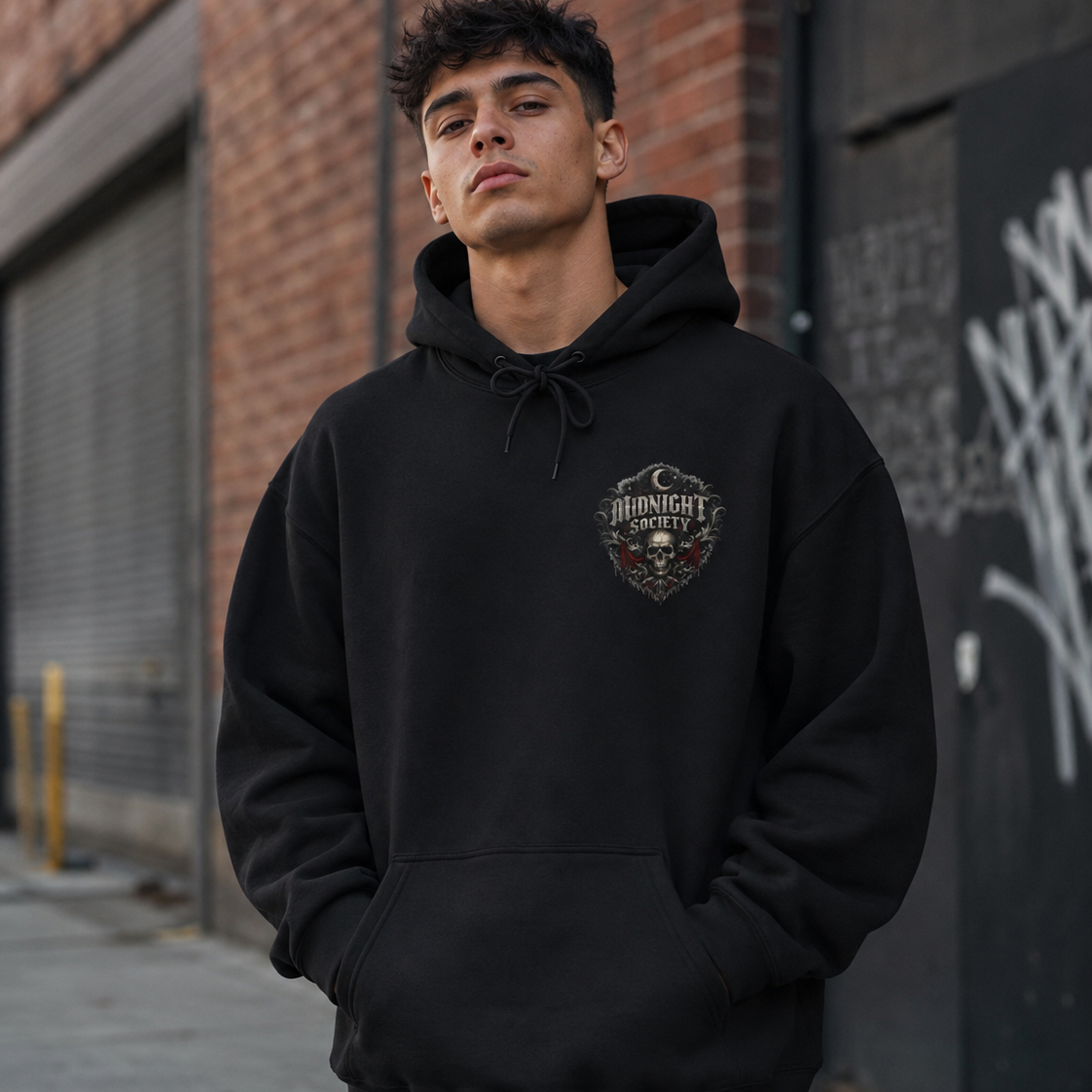 A man wearing a black pullover hoodie with a detailed graphic on the left chest, standing on a city sidewalk in front of a brick building.