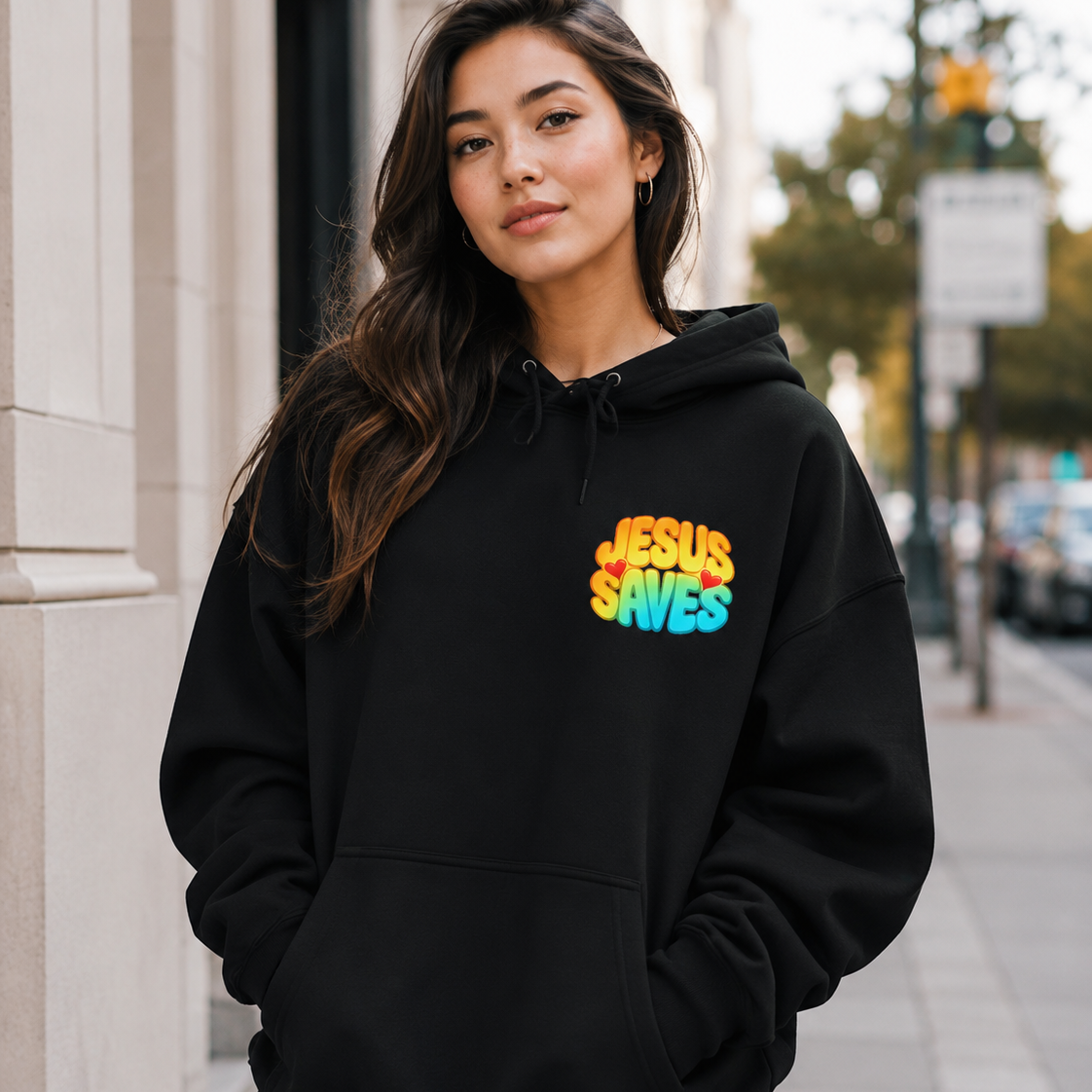 A woman wearing a black pullover hoodie with a colorful 'JESUS SAVES' graphic on the left chest, standing on a city sidewalk.