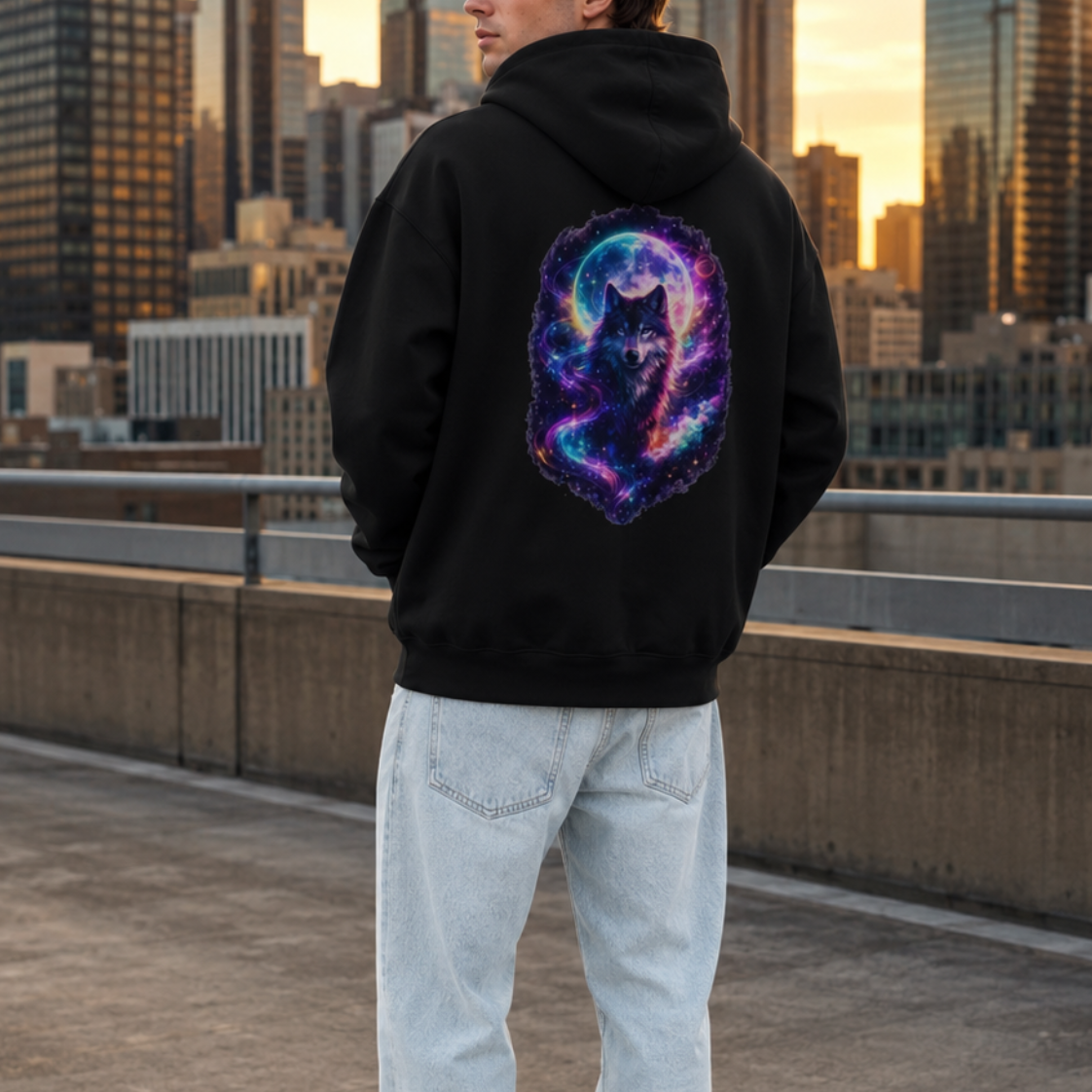 A man stands on a city rooftop at sunset wearing a black hoodie with a large colorful galaxy cat graphic on the back, paired with light wash jeans and white sneakers.