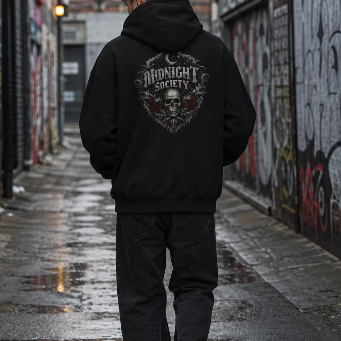 A man viewed from behind walking down a wet urban alleyway. He is wearing a black pullover hoodie with a large graphic print on the back reading 'MIDNIGHT SOCIETY' around a skull design, paired with black pants and black-and-white sneakers.