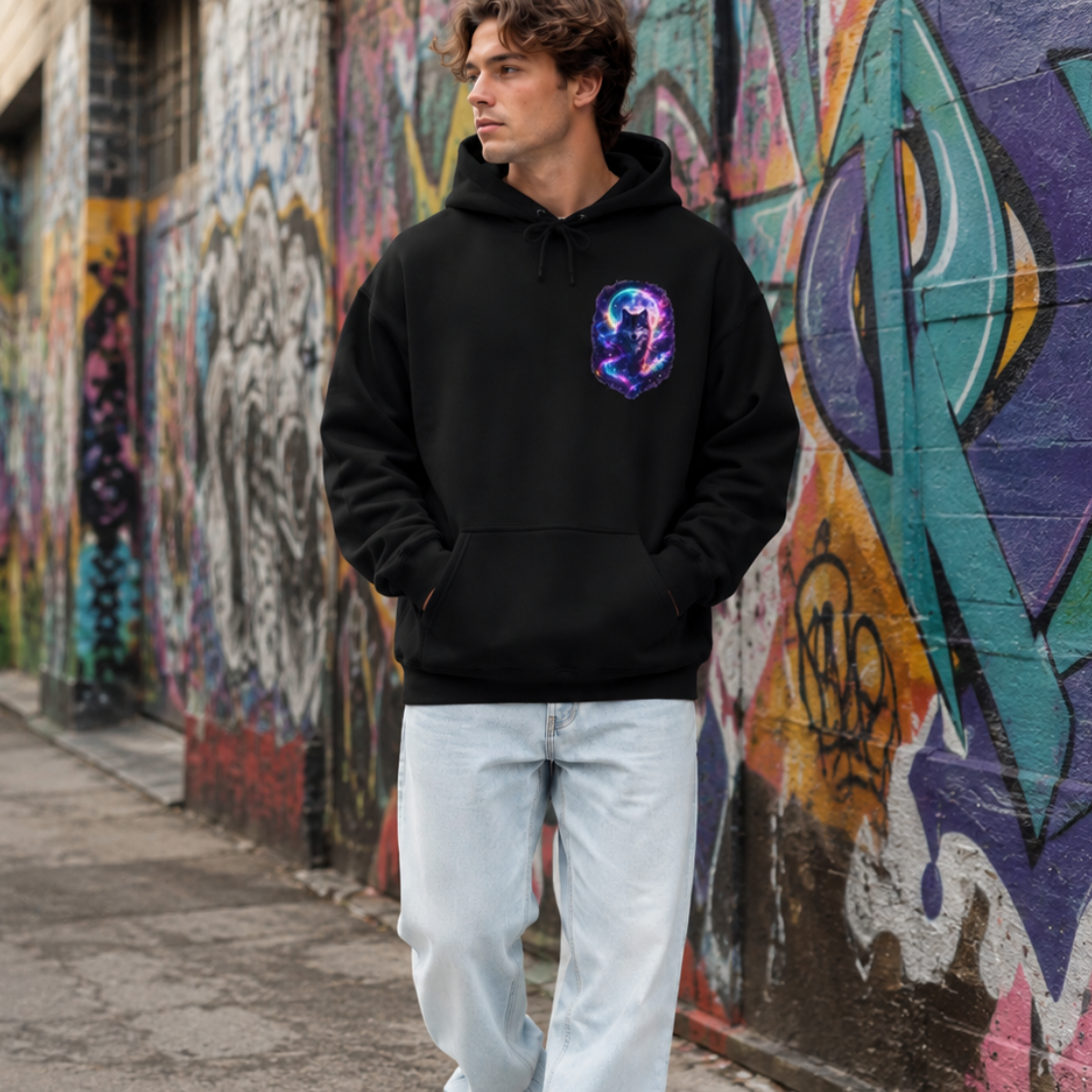 A man wearing a black pullover hoodie with a colorful circular graphic on the left chest, paired with light-wash jeans and white sneakers, standing in front of a graffiti-covered wall.