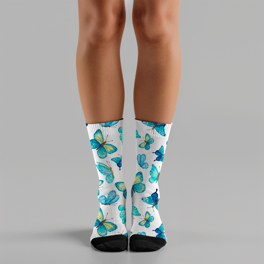 Beautiful Blue Butterflies Printed Crew Socks