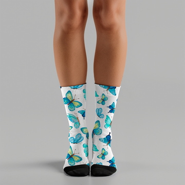 Beautiful Blue Butterflies Printed Crew Socks