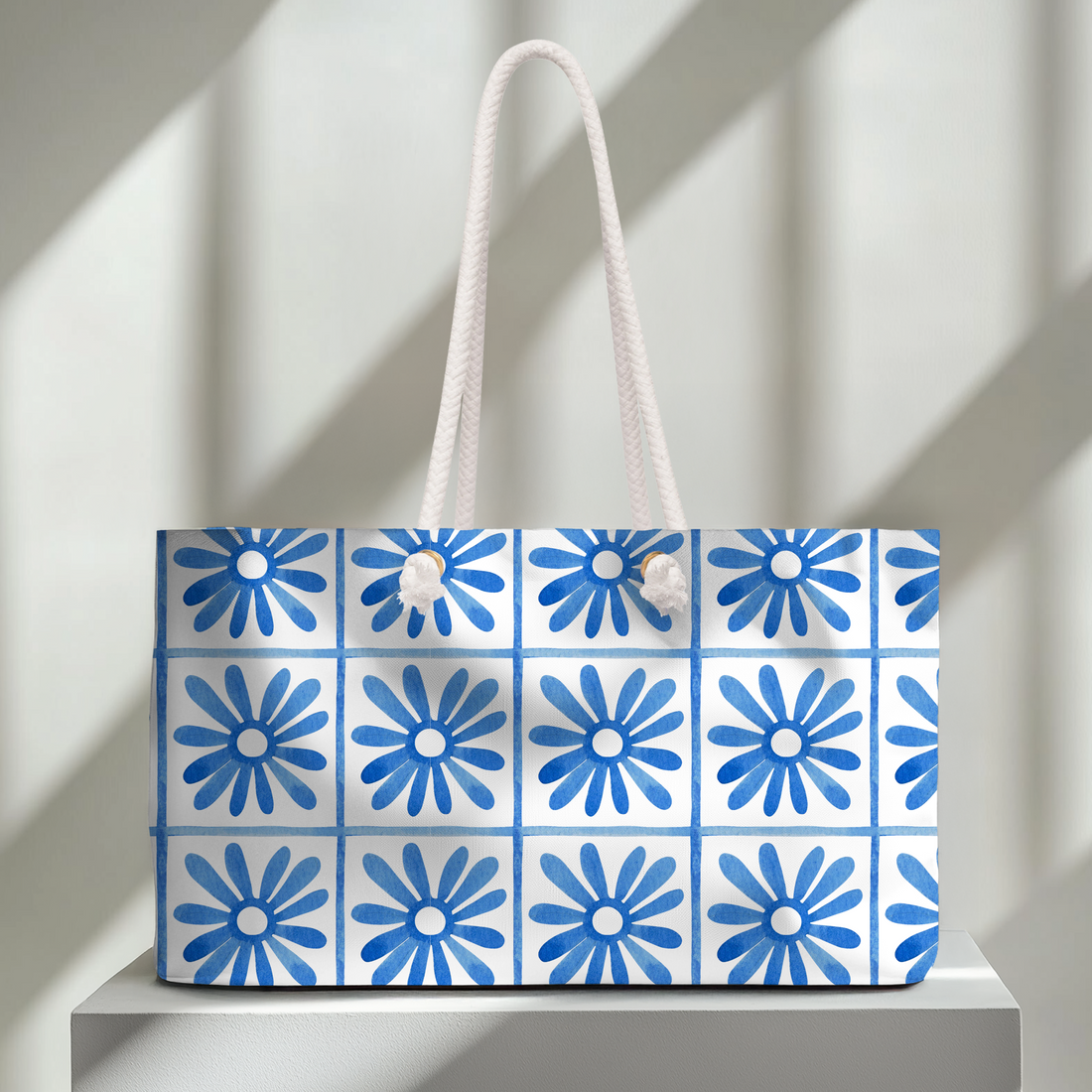 Blue Tile Floral Weekender Bag for Beach Trips