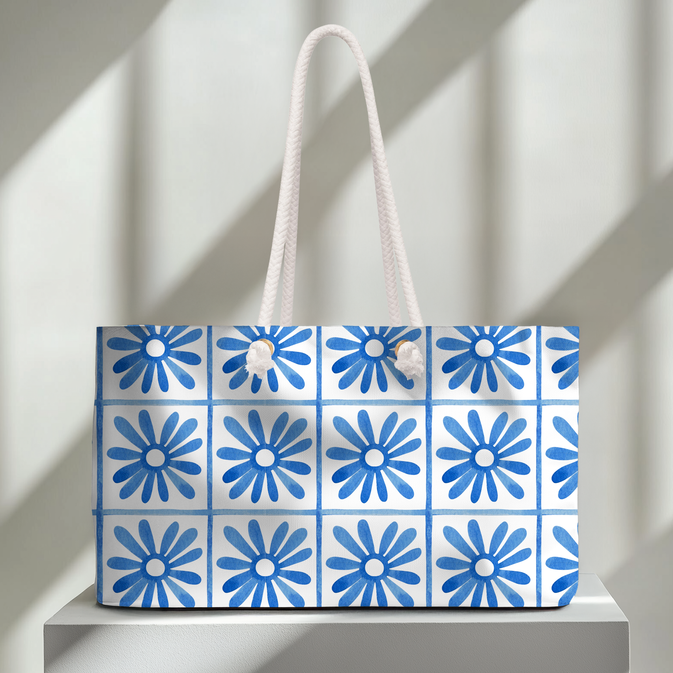 Blue Tile Floral Weekender Bag for Beach Trips