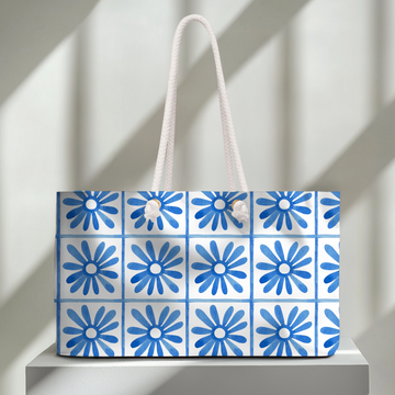 Blue Tile Floral Weekender Bag for Beach Trips