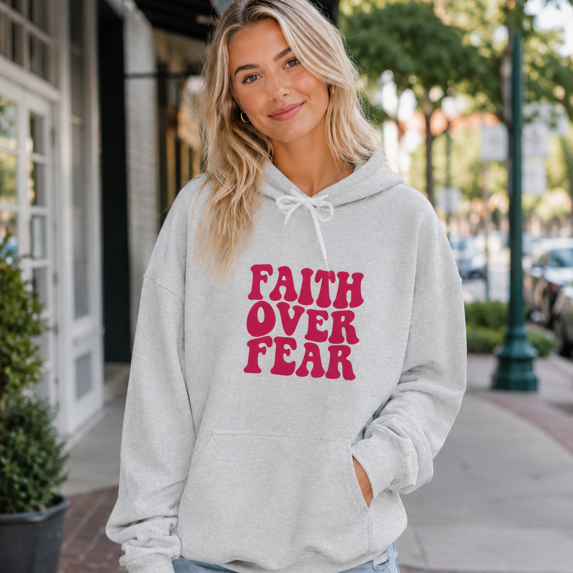 Bold pink Faith Over Fear Hoodie