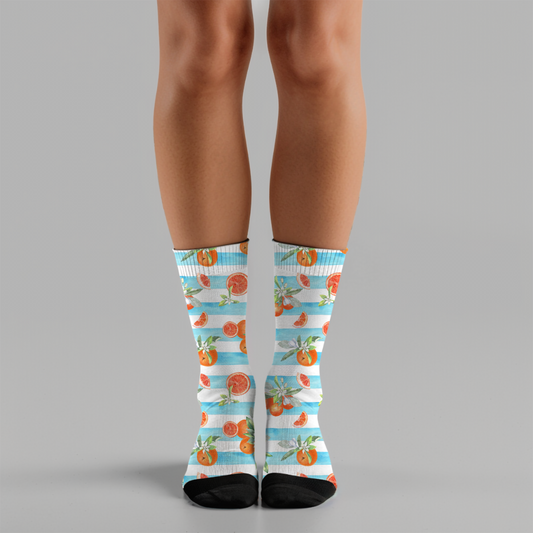 Citrus Garden Crew Socks: Orange & Lemon Print, Blue Stripes