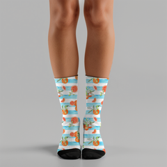 Citrus Garden Crew Socks: Orange & Lemon Print, Blue Stripes