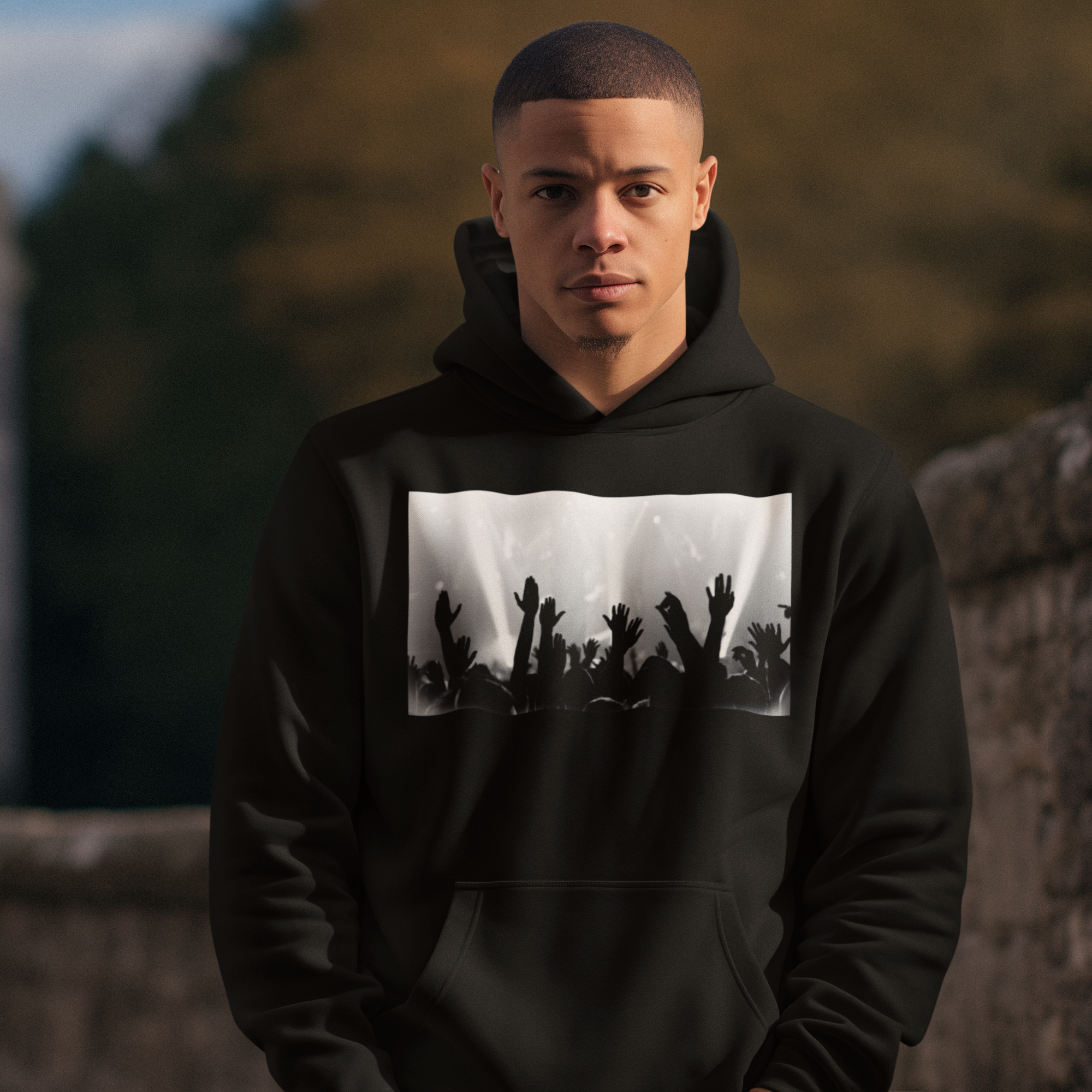 Person wearing a black hoodie with a graphic design in front of a stone building.