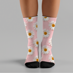 Pink Daisy Print Socks: Spring Floral Pattern, Combed Cotton Blend