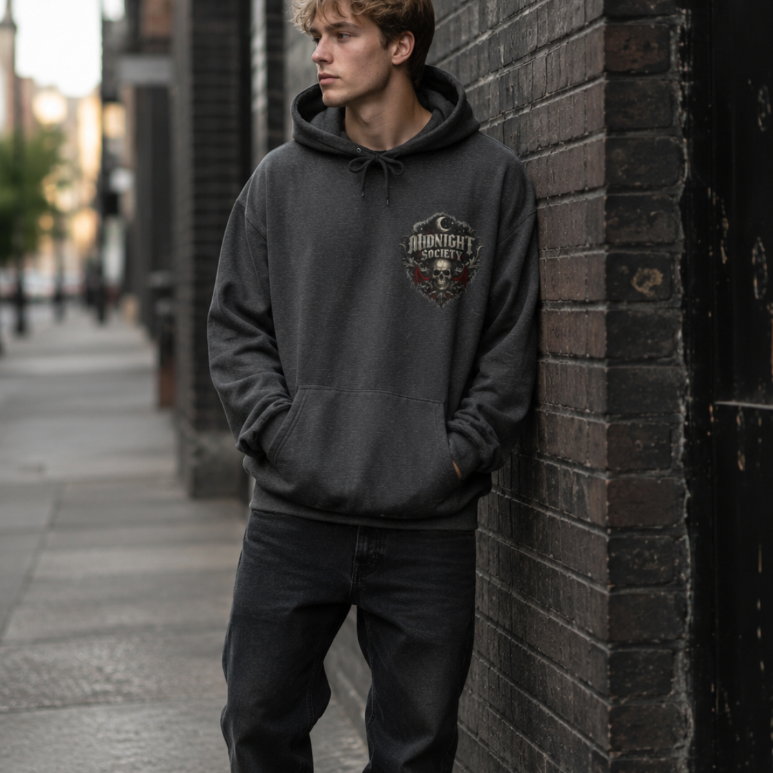 A young man stands on a city sidewalk leaning against a dark brick wall, wearing a dark charcoal gray hoodie with a graphic print on the left chest, black jeans, and black-and-white sneakers.