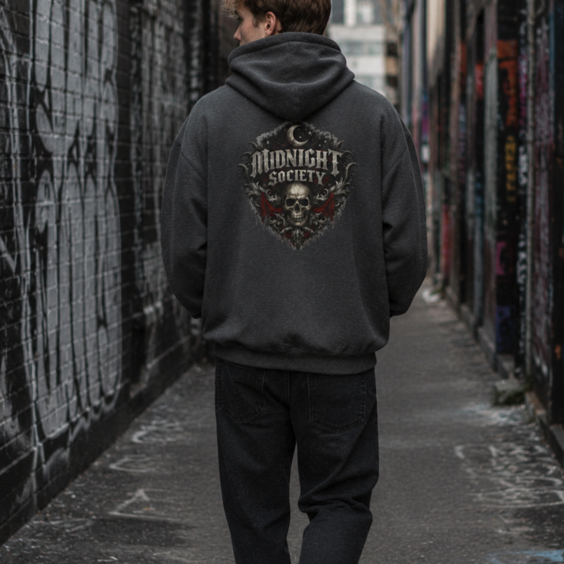 A man viewed from behind walking down a graffiti-covered alley, wearing a dark gray hoodie with a large 'Midnight Society' graphic printed on the back.