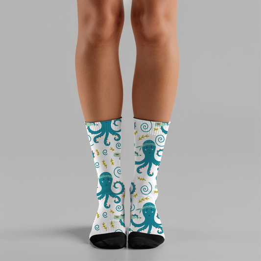 Drunk Octopus Print Crew Socks: Quirky Ocean Lover Gift
