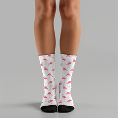 Flamingo Print Crew Socks: Unisex White Casual Socks