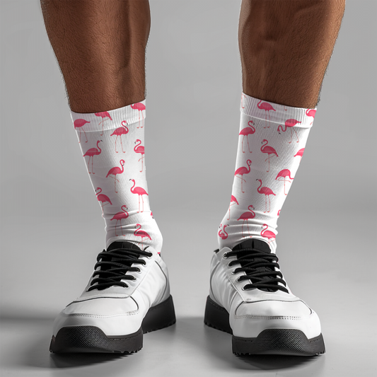 Flamingo Print Crew Socks: Unisex White Casual Socks