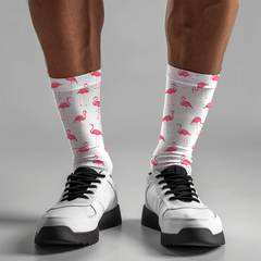 Flamingo Print Crew Socks: Unisex White Casual Socks