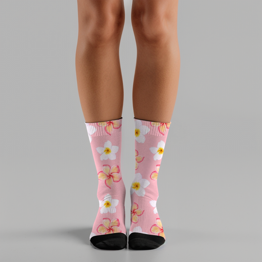 Pink Plumeria Floral Crew Socks: Fun Spring Flower Pattern