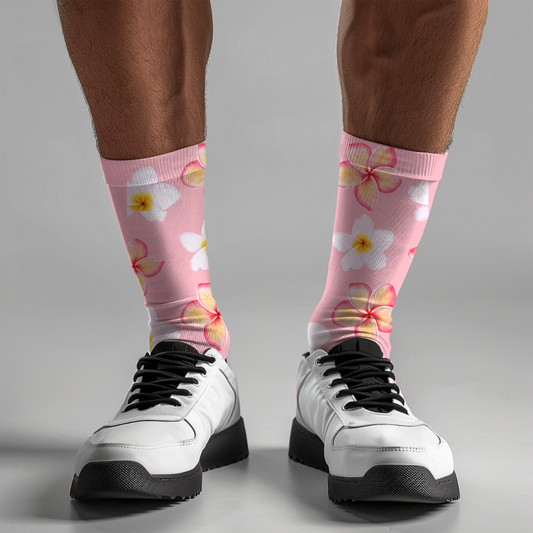 Pink Plumeria Floral Crew Socks: Fun Spring Flower Pattern