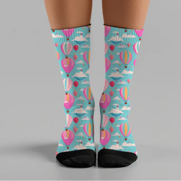Hot Air Balloon Crew Socks: Pink & Blue Cushioned Socks