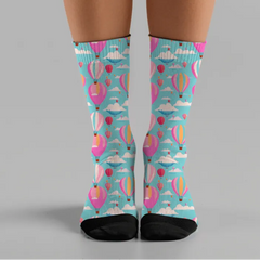 Hot Air Balloon Crew Socks: Pink & Blue Cushioned Socks