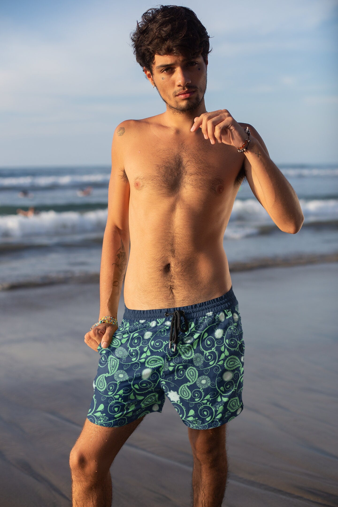 Men's Green Paisley Swim Shorts Mid