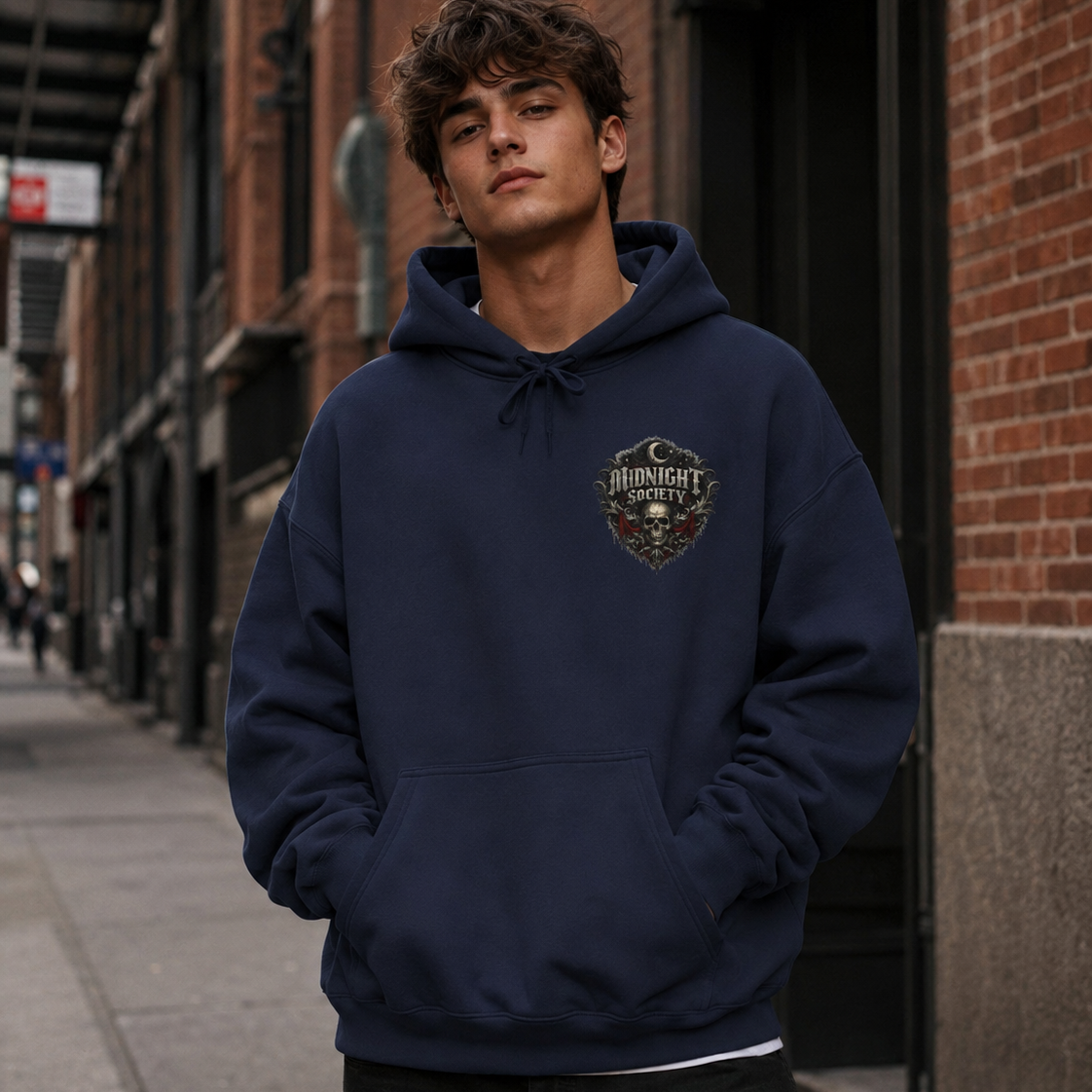 A young man wearing a navy blue pullover hoodie with a 'Midnight Vengeance' graphic on the left chest, standing on a city sidewalk next to a brick building.