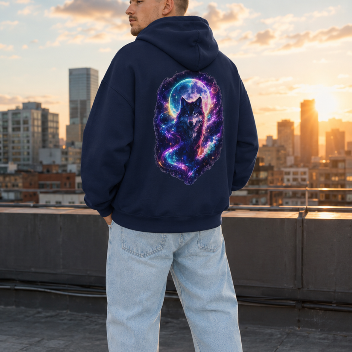 A man stands on a rooftop at sunset wearing a navy blue hoodie with a large colorful cat graphic on the back, paired with light-wash jeans and white sneakers.