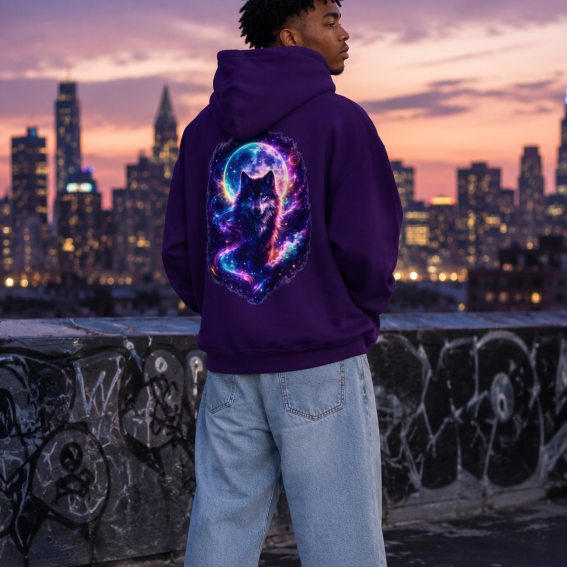 A person standing on a rooftop at dusk wearing a purple hoodie with a large colorful galaxy-style graphic on the back, light blue jeans, and white sneakers, with a city skyline in the background.